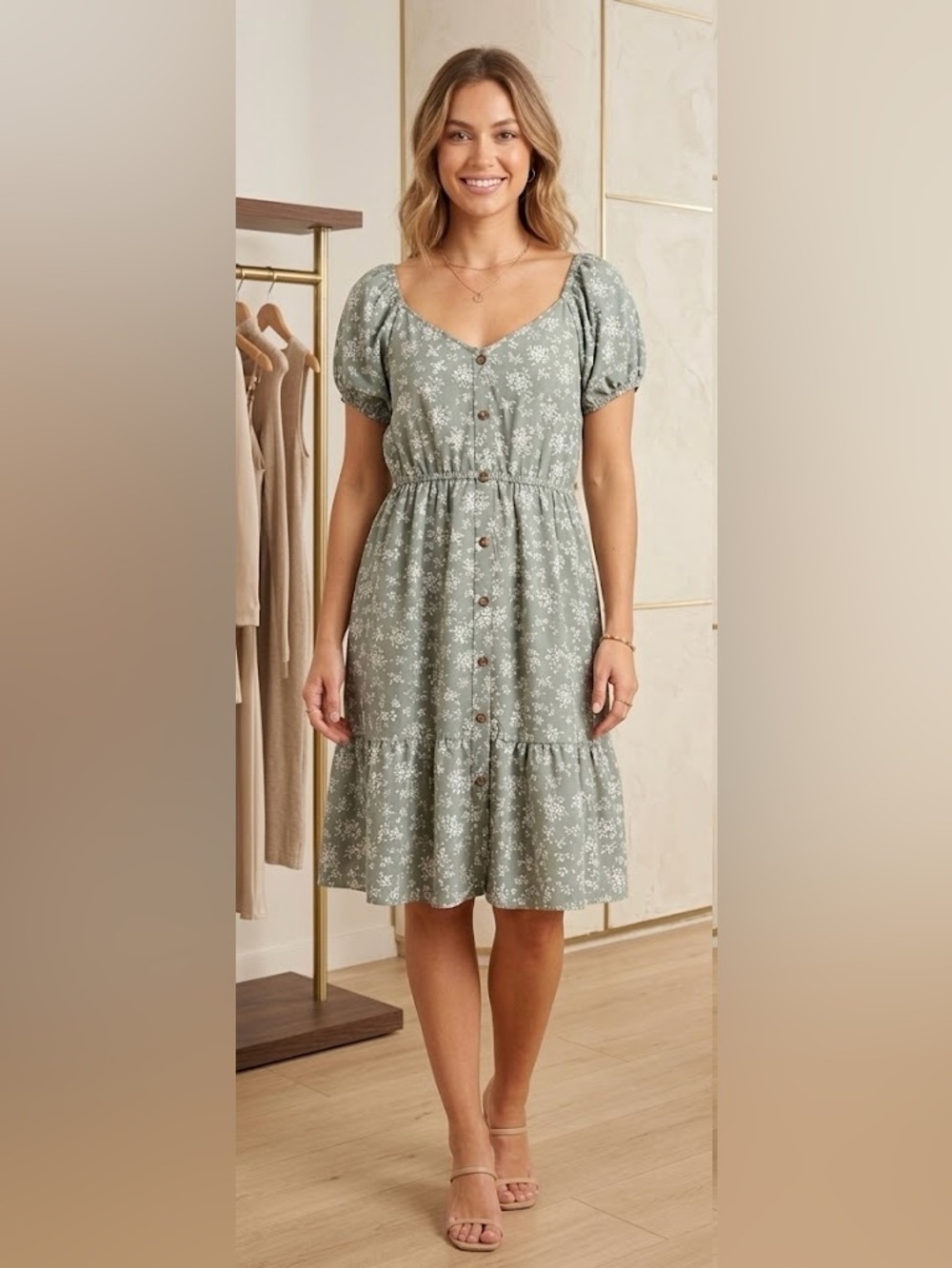 Speed Control MPH Collection Sage Green Floral Button-Front Midi Dress